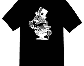 May include: A black t-shirt with a white graphic of a cartoon character wearing a top hat and holding a record player.