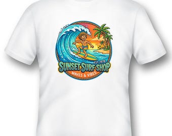 Sonnenuntergang Surf-Shop EST. 1978 Waves & Vibes weiss oder schwarz. Surfer-T-Shirt