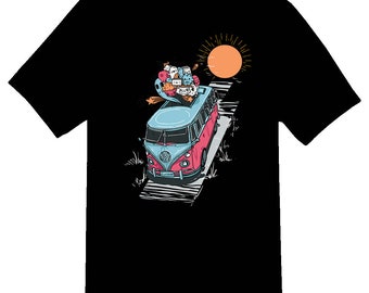 May include: A black t-shirt with a graphic of a vintage Volkswagen van with a group of cartoon characters riding on top. The van is driving down a road with a yellow sun in the background.