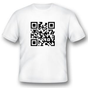 May include: White t-shirt with a black and white QR code printed on the front.