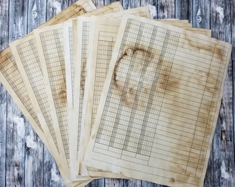 14 Sheets of Coffee Dyed Double Sided Ledger Paper. Coffee Stained Stationary Junk Journal Mixed Media Vintage Aged Style.