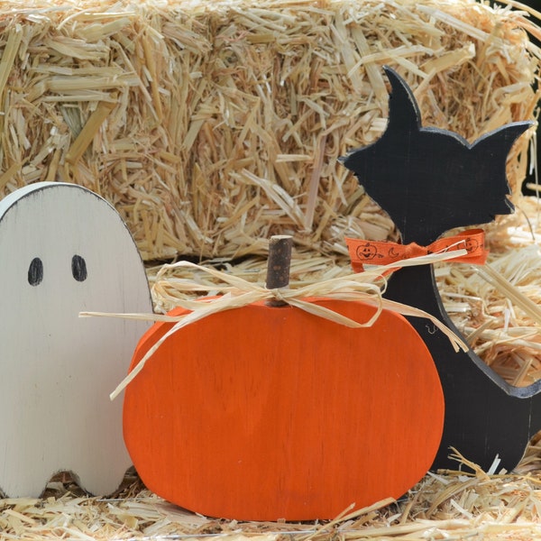 Halloween Trio, Cat Pumpkin Ghost, Farmhouse Halloween, Halloween Decor, Rustic Halloween, Wood Cat, Wood Pumpkin, Wood Ghost, Halloween Set