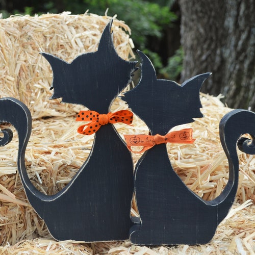 Black Wooden Halloween Cat Etsy