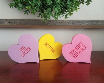 Valentine's Day Tiered Tray Decor, Conversation Hearts, Wood Candy Hearts, Tiered Tray Decor, Valentine's Day Decor, Farmhouse Valentine