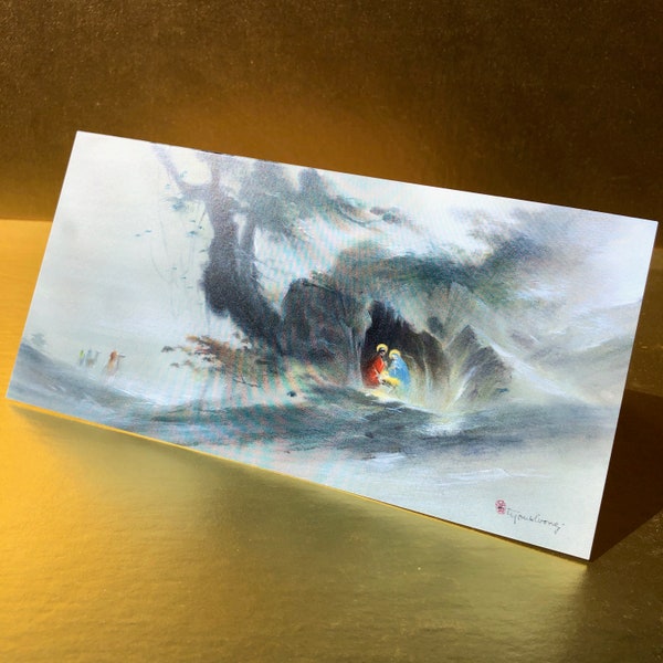 The Holy Grotto Christmas card is from an original watercolor c. 1963 by artist Tyrus Wong