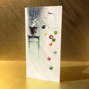 Tarjetas navideñas con arreglos navideños a partir de una acuarela original de c.1960 de Tyrus Wong.