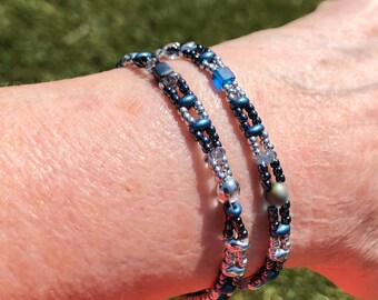 Blue & silver boho seed bead wrap bracelet, Handmade beaded boho wrap bracelet, boho wrap bracelet.