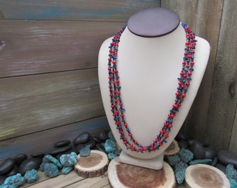 Navajo 3-Strand Red Bamboo Coral & Lapis Necklace #252