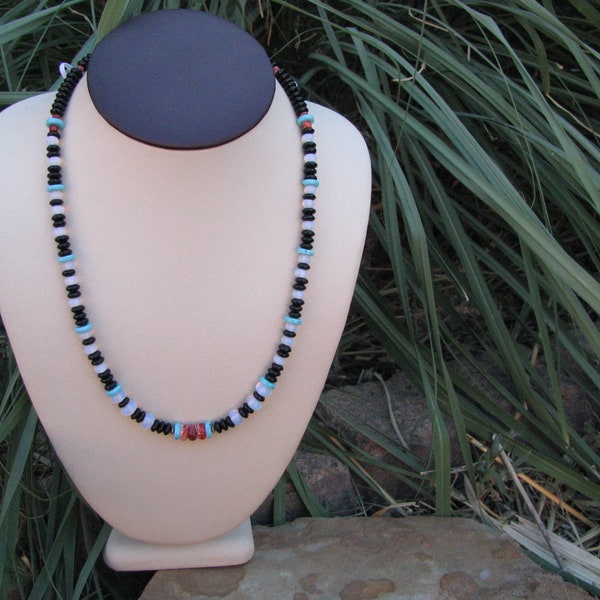 Navajo Made Sonoran Turquoise, Opalite, Red Spin Oyster Shell Necklace #170 by Donavan Yazzie