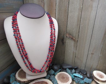 Navajo 3-Strand Red Bamboo Coral & Lapis Necklace #251