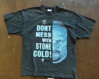 Camiseta vintage de los 90 de la WWF con la frase "Don't Mess With Stone Cold" de Steven Austin, cuello bicolor, talla pequeña, unisex, para adultos.
