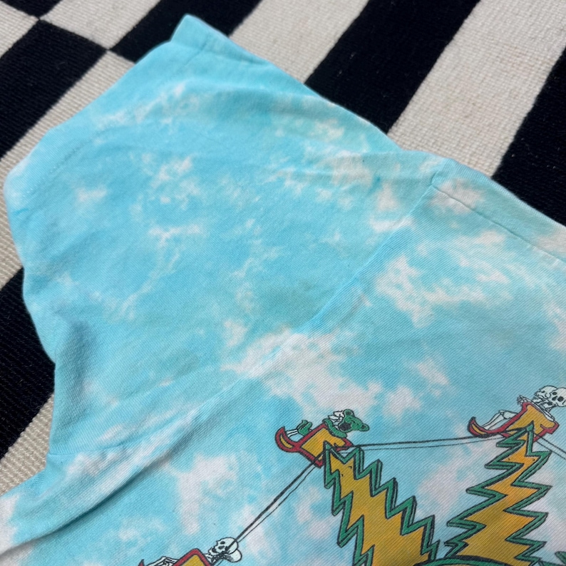 Puede incluir: Camiseta azul claro te&ntilde;ida con un dise&ntilde;o de esqueletos en una atracci&oacute;n de feria. El dise&ntilde;o incluye rayos amarillos y coches de feria rojos y amarillos. La camiseta tiene cuello redondo y mangas cortas.