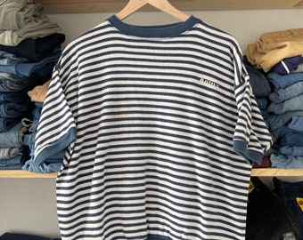 Vintage 1970s Champion Blue Bar Loma Striped Short Sleeve Sweatshirt size large usa made