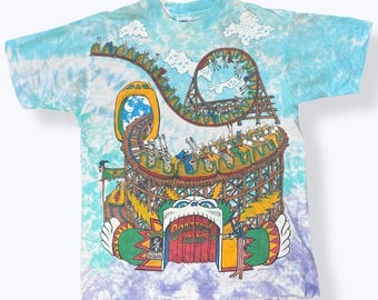 Vintage Grateful Dead band tshirt 90s liquid blue all over print shirt tie dye hippie dead head roller coaster carnival ride size large