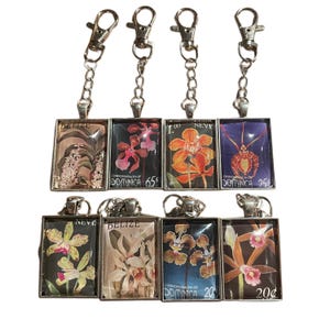 Handmade vintage orchid stamp keychain