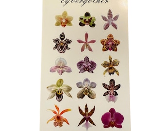 Könnte beinhalten: Ein Stickerbogen mit verschiedenen Orchideenblüten-Designs in Gelb-, Grün-, Lila-, Rosa- und Brauntönen. Der Text "cybergother" ist oben aufgedruckt. Die Aufkleber sind auf einem cremefarbenen Hintergrund angeordnet.