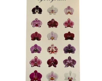 Könnte beinhalten: Ein Stickerbogen mit verschiedenen Orchideenblüten-Designs in Lila-, Rosa-, Weiß- und Rottönen. Auf dem Stickerbogen steht das Wort "cybergother" oben.