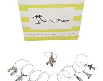 10 Piece World Travel Themed Wine Charm Set