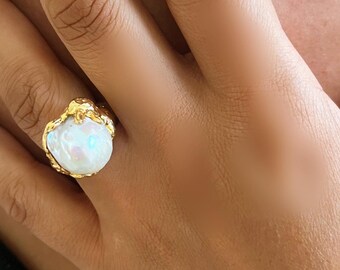 Gold Plated Sterling Silver Baroque Pearl Statement Ring
