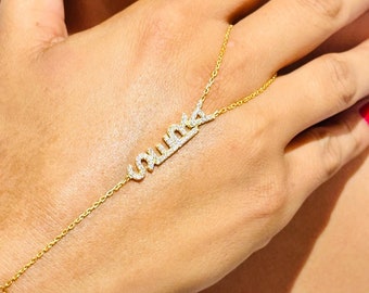 Cadena de mano con nombre, Cadena de mano personalizada, Pulsera, Pulsera de mano con anillo, Cadena de mano de diamante personalizada