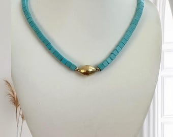 Turquoise Beaded Choker, Natural Gemstone, 14K Gold Filled
