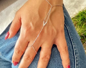 Personalized customized 925k sterling silver gold plated tiny initial on zircon letter hand chain ring finger bracelet  jewelry.