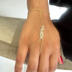 Cadena de mano con nombre, Cadena de mano personalizada, Pulsera, Pulsera de mano con anillo, Cadena de mano de diamante personalizada