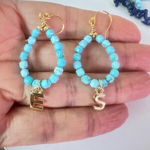 Pingente inicial de letra personalizado, prata esterlina 925k, banhado a ouro, brincos de gota de lágrima turquesa, brincos de miçangas. Presentes para o dia das mães