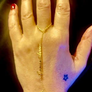 Personalized customized handwriting 925k  silver on gold plated custom name word hand chain ring finger Bracelet. Summer Jewelry.