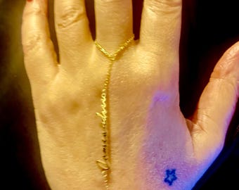 Personalized customized handwriting 925k  silver on gold plated custom name word hand chain ring finger Bracelet. Summer Jewelry.