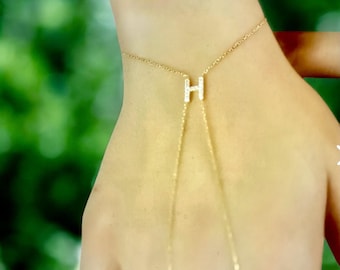カスタムイニシャルスターリングシルバーハンドチェーンブレスレット、金メッキジルコンリング