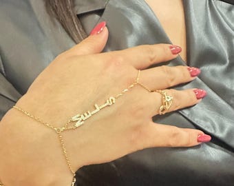 Custom Name Hand Chain Bracelet: Gold Plated, Zircon, 925 Silver