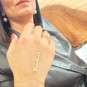 Cadena de mano con nombre, Cadena de mano personalizada, Pulsera, Pulsera de mano con anillo, Cadena de mano de diamante personalizada