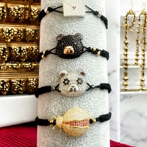 Angepasst 925k Sterling Silber vergoldet schwarz klar Zirkon Panda, Bär, Liebesbrief, Marienkäfer Armband.