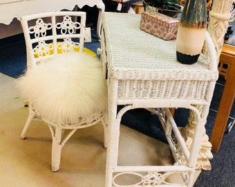 Vintage White Wicker Vanity Desk and Chair