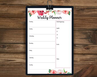 Printable Weekly Planner, A4 weekly planner, Printable Planner 2017, Floral Planner, Week Planner