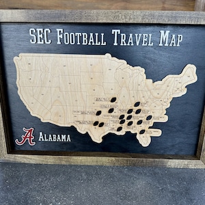Framed SEC Football Stadium Travel Map: Laser Engraved Wooden Sign