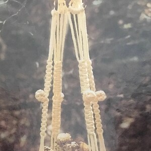 May include: A white macrame plant hanger with a round base and a dried flower arrangement inside. The hanger is made of thick rope and has a knot design.