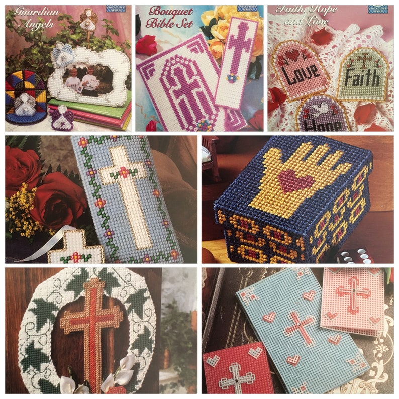 May include: A collection of cross-stitch patterns featuring religious themes. The patterns include crosses, hearts, hands, and a wreath. The patterns are printed on white paper with a blue border.