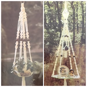 May include: Two macrame plant hangers with wooden beads. The first hanger is holding a potted plant. The second hanger is holding a plate and a small figurine.