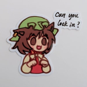 Può includere: Un adesivo raffigurante un personaggio dei cartoni animati con capelli castani, un cappello verde e un abito rosso. Il personaggio ha grandi occhi e un'espressione sorridente. Il testo sopra il personaggio recita: "Can you lock in?"