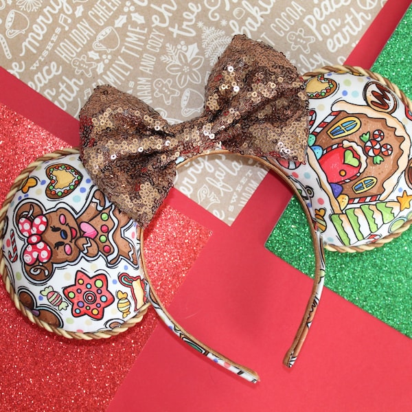 Gingerbread Cookies with Character, Different Bow Color Options, Christmas, Holidays, Ears, Headband, Mouse Ears, Mickey, Minnie, Custom