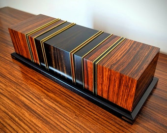 Hand crafted wood watch box, ebony, cocobolo, brass