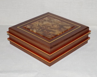 Handmade  Wood Jewelry Box, Ebony, Camphor Burl, Inlay