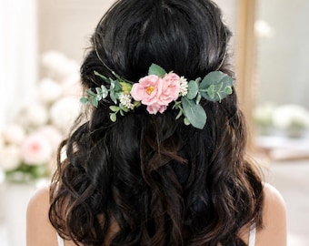 Blush Pink Bridal Floral Crown, Romantic Garden Wedding Hair Wreath, Bridesmaid Flower Girl Headpiece.