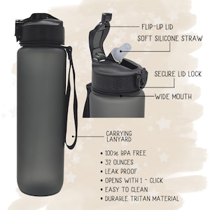 Puede incluir: Una botella de agua reutilizable gris con tapa negra, una correa de transporte y una tapa abatible con una pajita de silicona suave. La botella tiene una capacidad de 946 ml, es libre de BPA, a prueba de fugas y f&aacute;cil de limpiar. Est&aacute; hecha de material Tritan duradero.