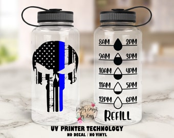 Police Skull Flag | Police Water Bottle | Thin Blue Line Flag | Police Officer Gift | American Flag | Custom Water Bottle |Police Skull Gift