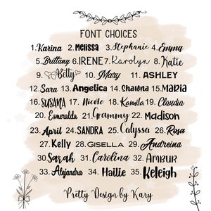 Puede incluir: Una lista de 35 nombres en diferentes fuentes, numerados del 1 al 35. El texto "FONT CHOICES" est&aacute; en la parte superior de la lista. El texto "Pretty Design by Kary" est&aacute; en la parte inferior de la lista.