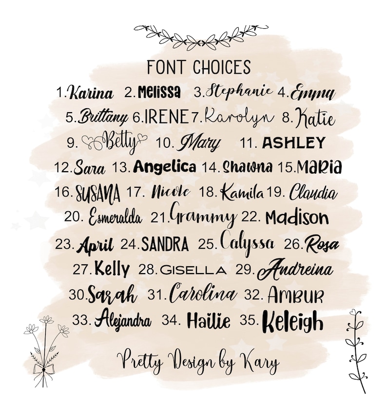 Puede incluir: Una lista de 35 nombres en diferentes fuentes, numerados del 1 al 35. El texto "FONT CHOICES" est&aacute; en la parte superior de la lista. El texto "Pretty Design by Kary" est&aacute; en la parte inferior de la lista.