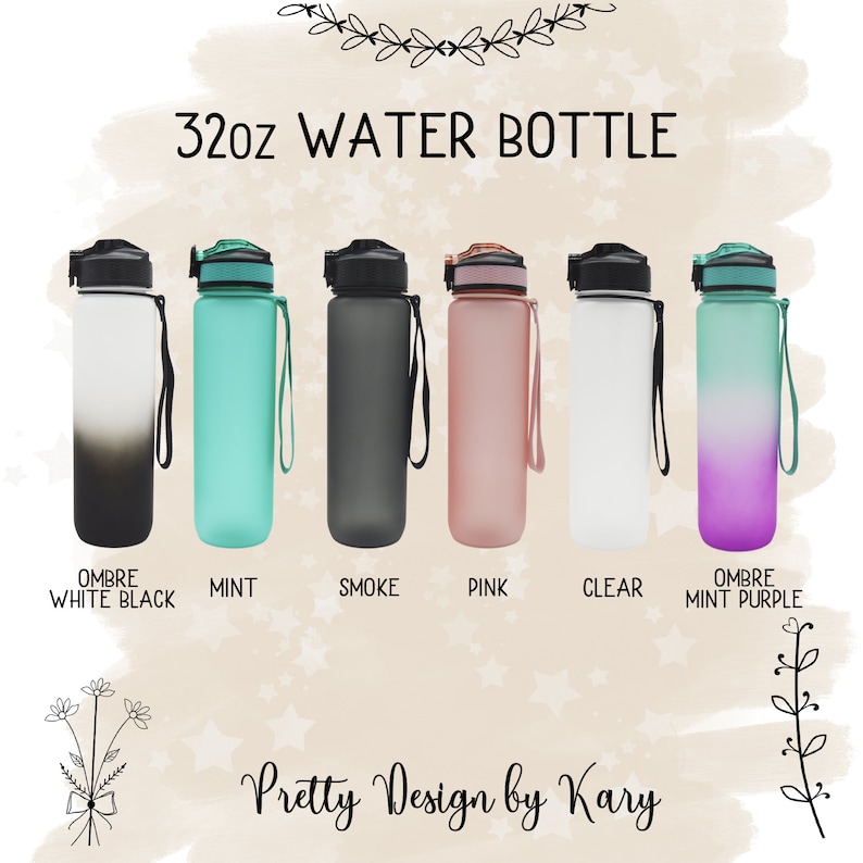 Puede incluir: Seis botellas de agua de 946 ml en varios colores, incluyendo un degradado de blanco a negro, verde menta, gris humo, rosa, transparente y un degradado de menta a morado. Las botellas tienen una tapa negra y una asa de transporte negra.